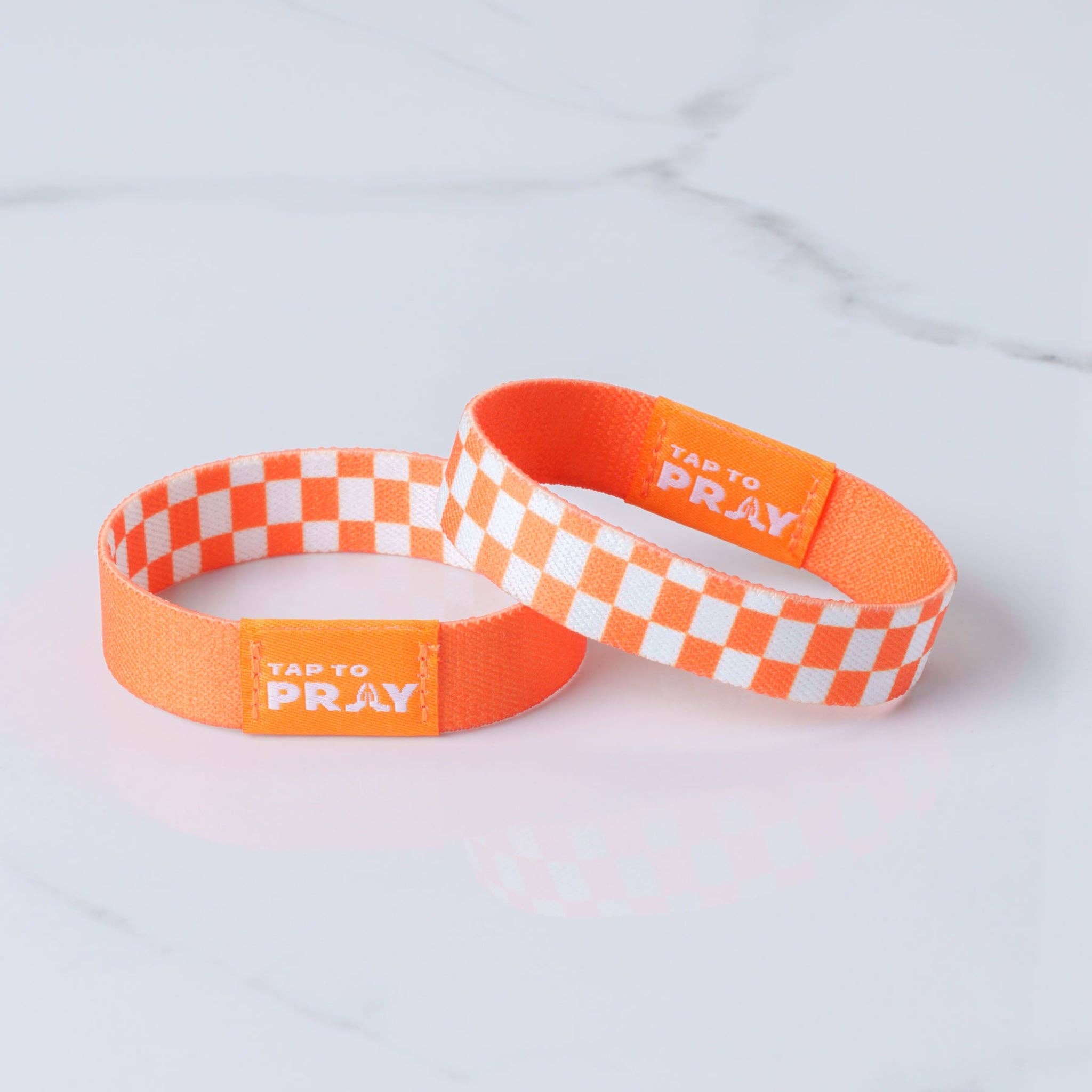 Tap To Pray® Wristband – Orange & White Checkers