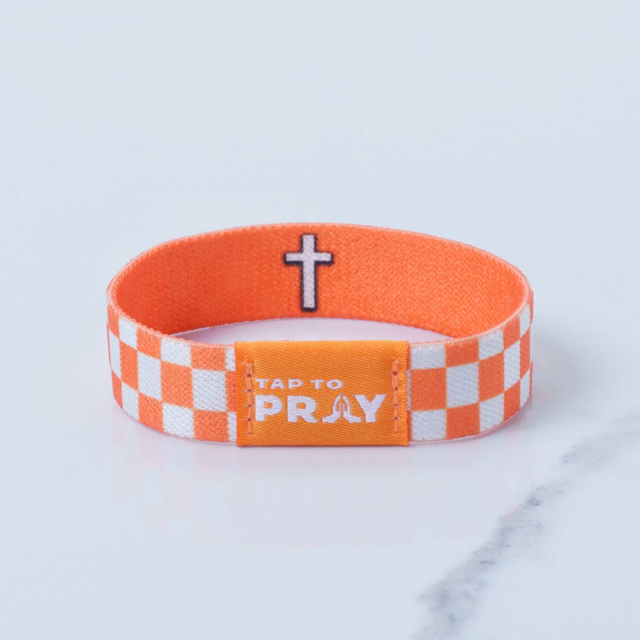 Tap To Pray® Wristband – Orange & White Checkers