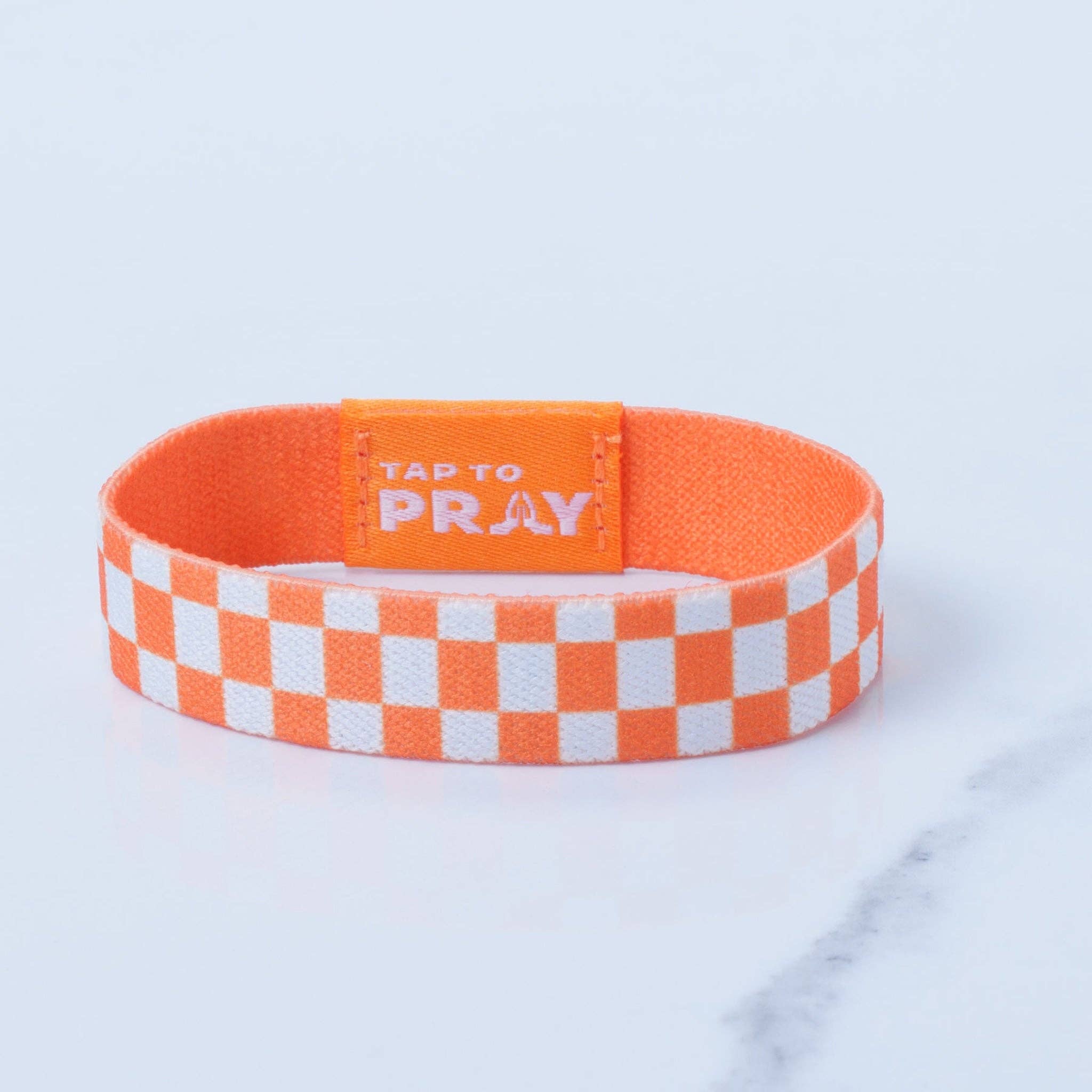 Tap To Pray® Wristband – Orange & White Checkers