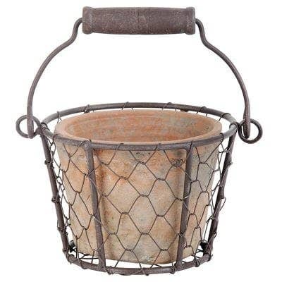 Aged Terracotta Single Flower Pot in Metal Basket w/Handle
