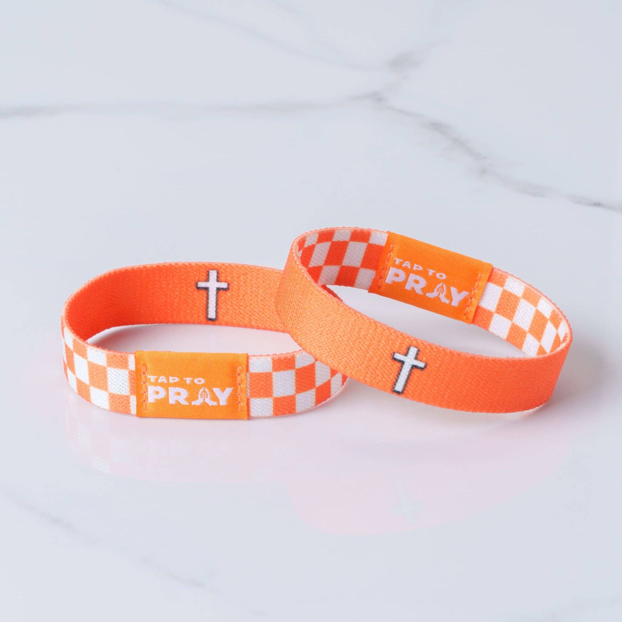 Tap To Pray® Wristband – Orange & White Checkers