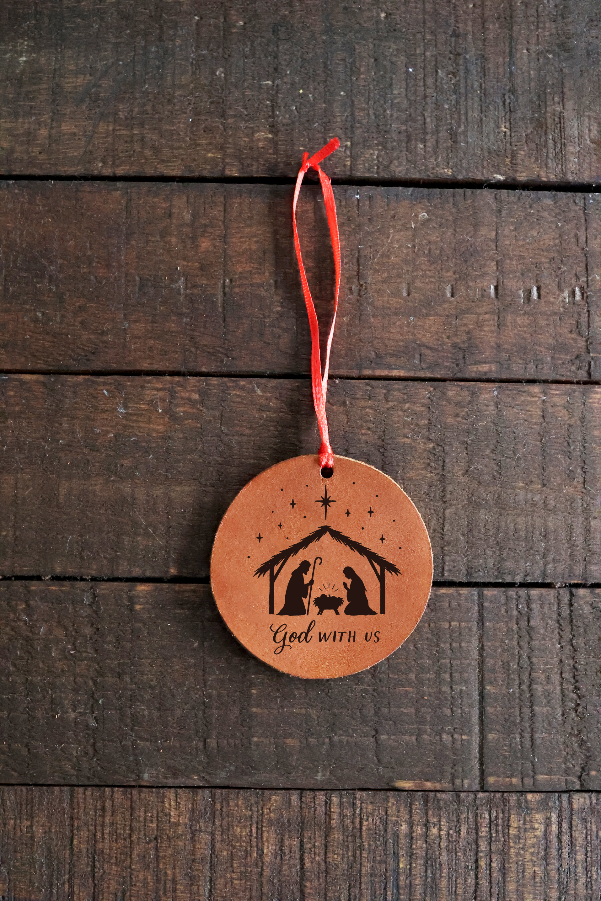 Nativity "God With Us" Leather Ornament