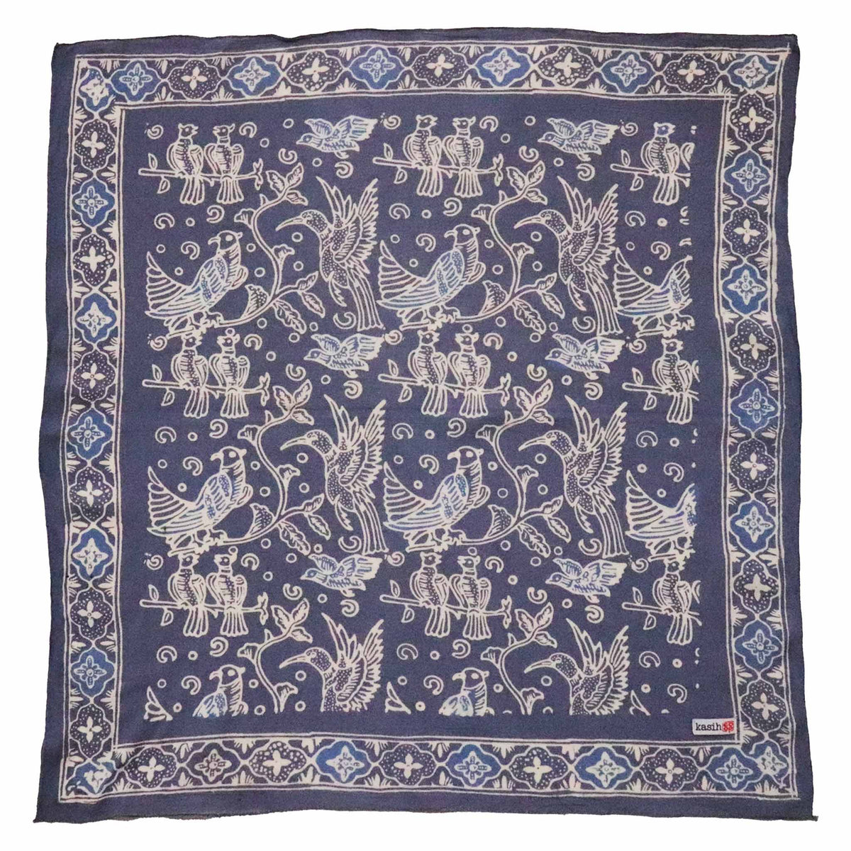 Hand Dyed Batik Bandana, 100% Soft Cotton, Bird Song, Gray, Grey, Blue