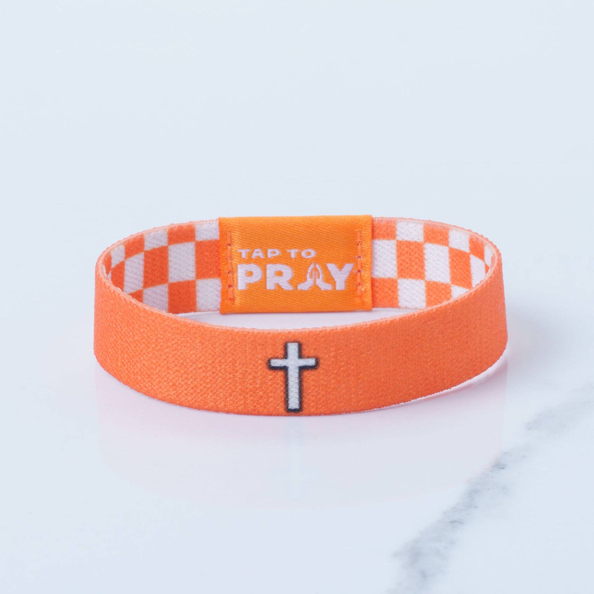 Tap To Pray® Wristband – Orange & White Checkers