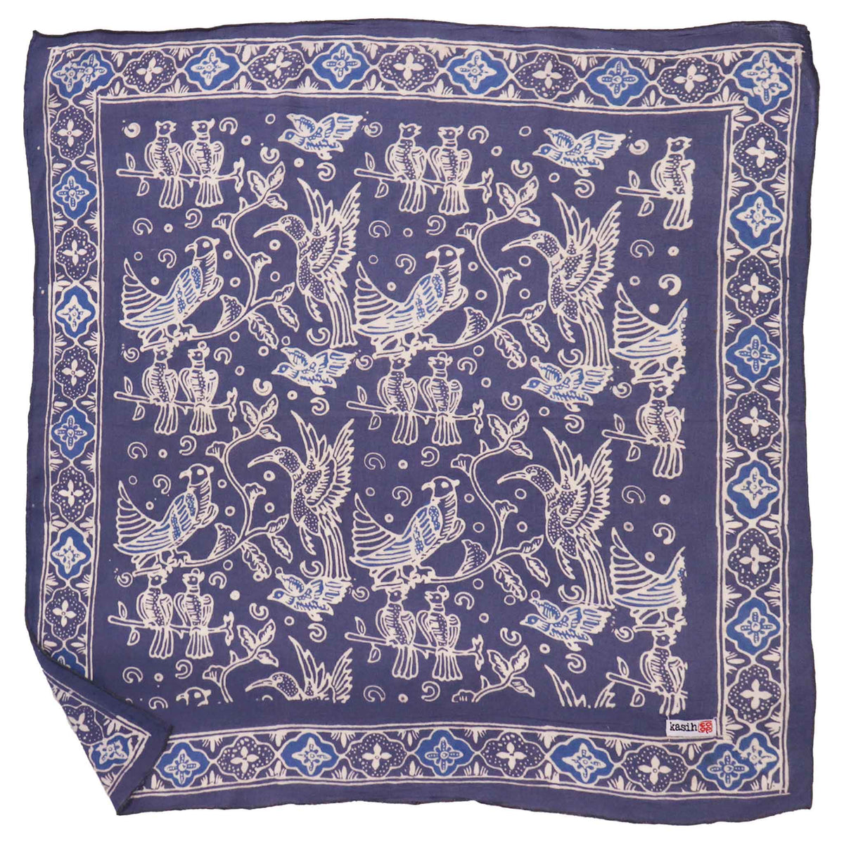 Hand Dyed Batik Bandana, 100% Soft Cotton, Bird Song, Gray, Grey, Blue