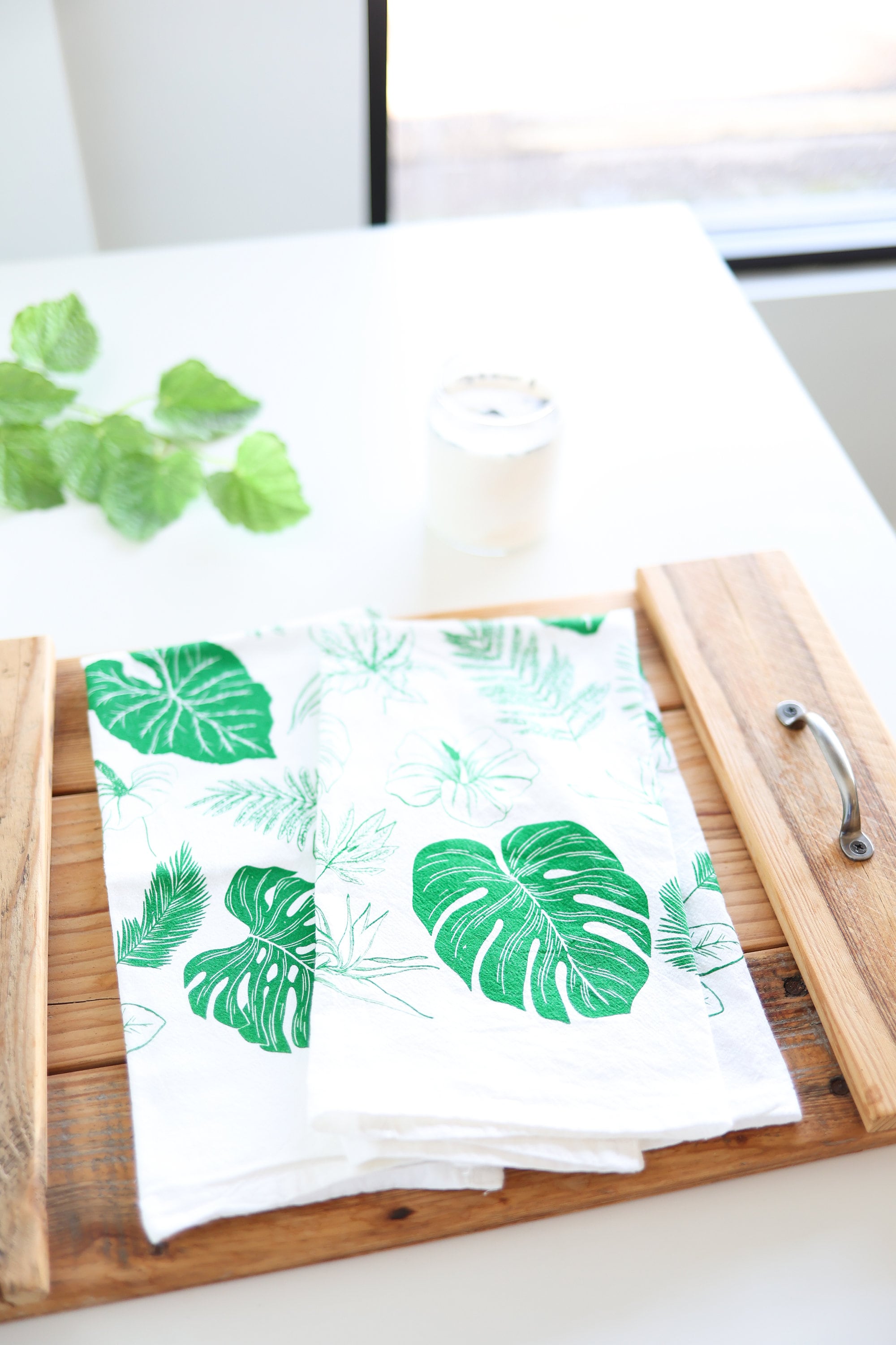 Tropical Leaves Tea Towel | monstera palm house plant lover floral flour sack kitchen dish towel hand towel