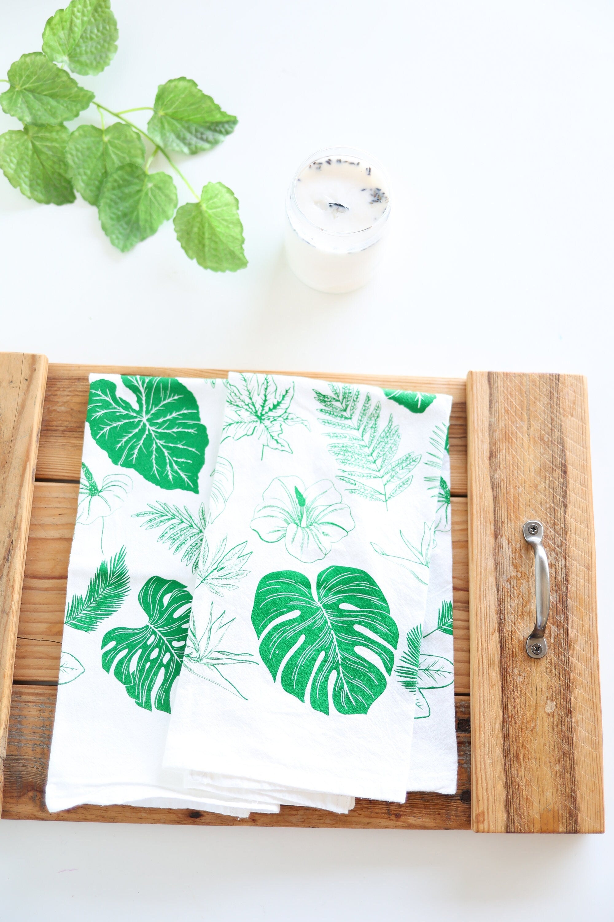 Tropical Leaves Tea Towel | monstera palm house plant lover floral flour sack kitchen dish towel hand towel