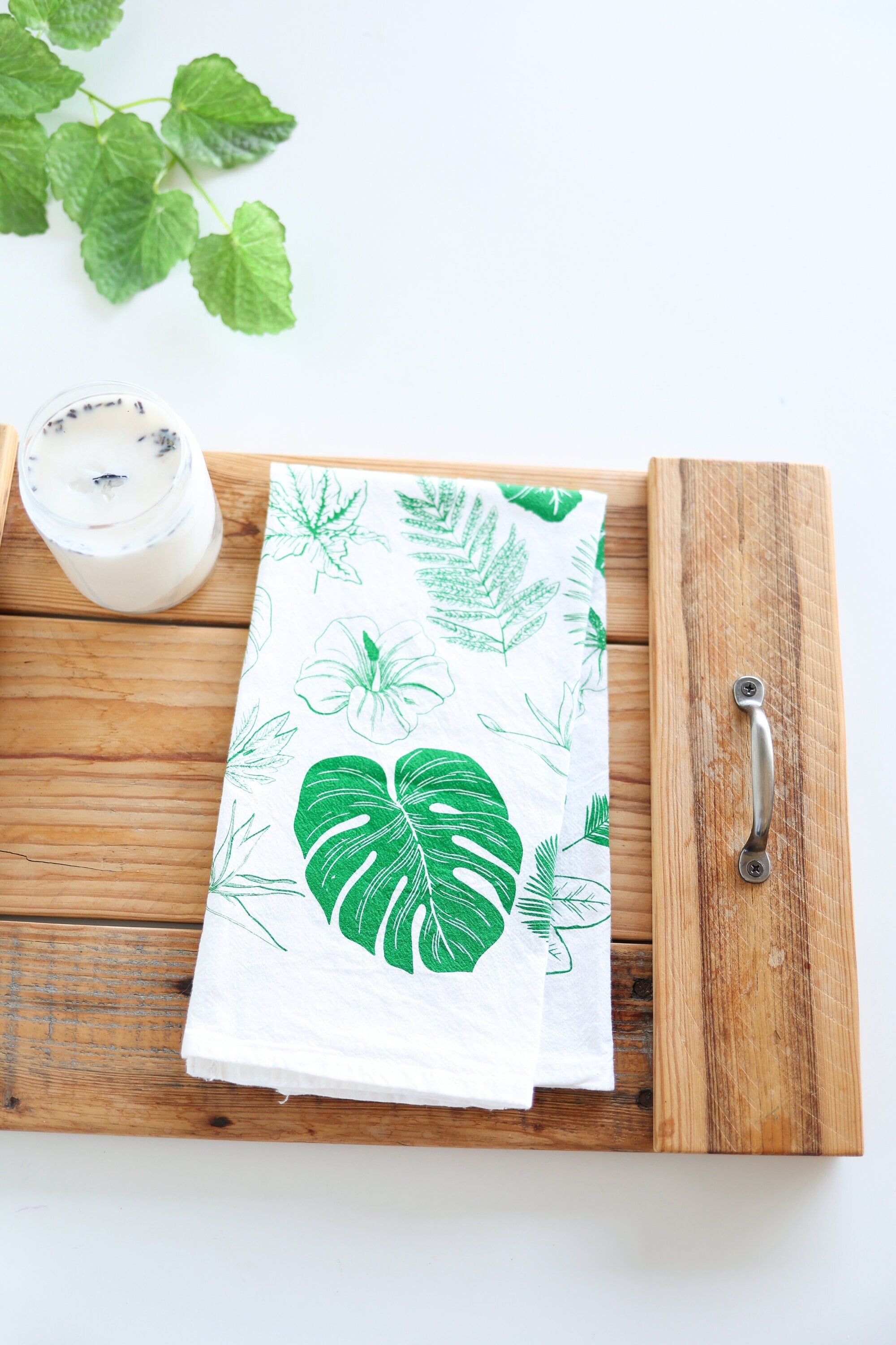 Tropical Leaves Tea Towel | monstera palm house plant lover floral flour sack kitchen dish towel hand towel