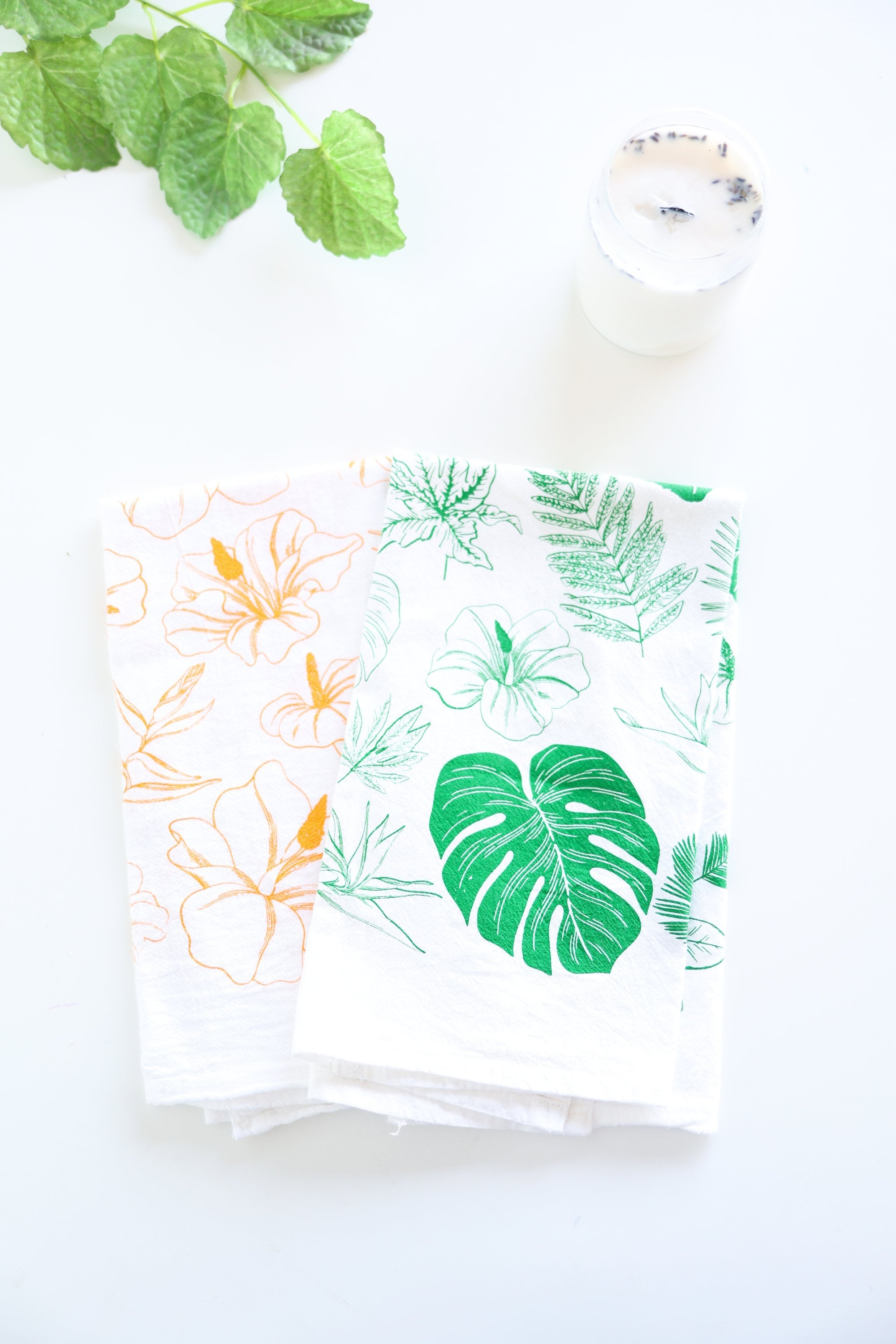 Tropical Leaves Tea Towel | monstera palm house plant lover floral flour sack kitchen dish towel hand towel