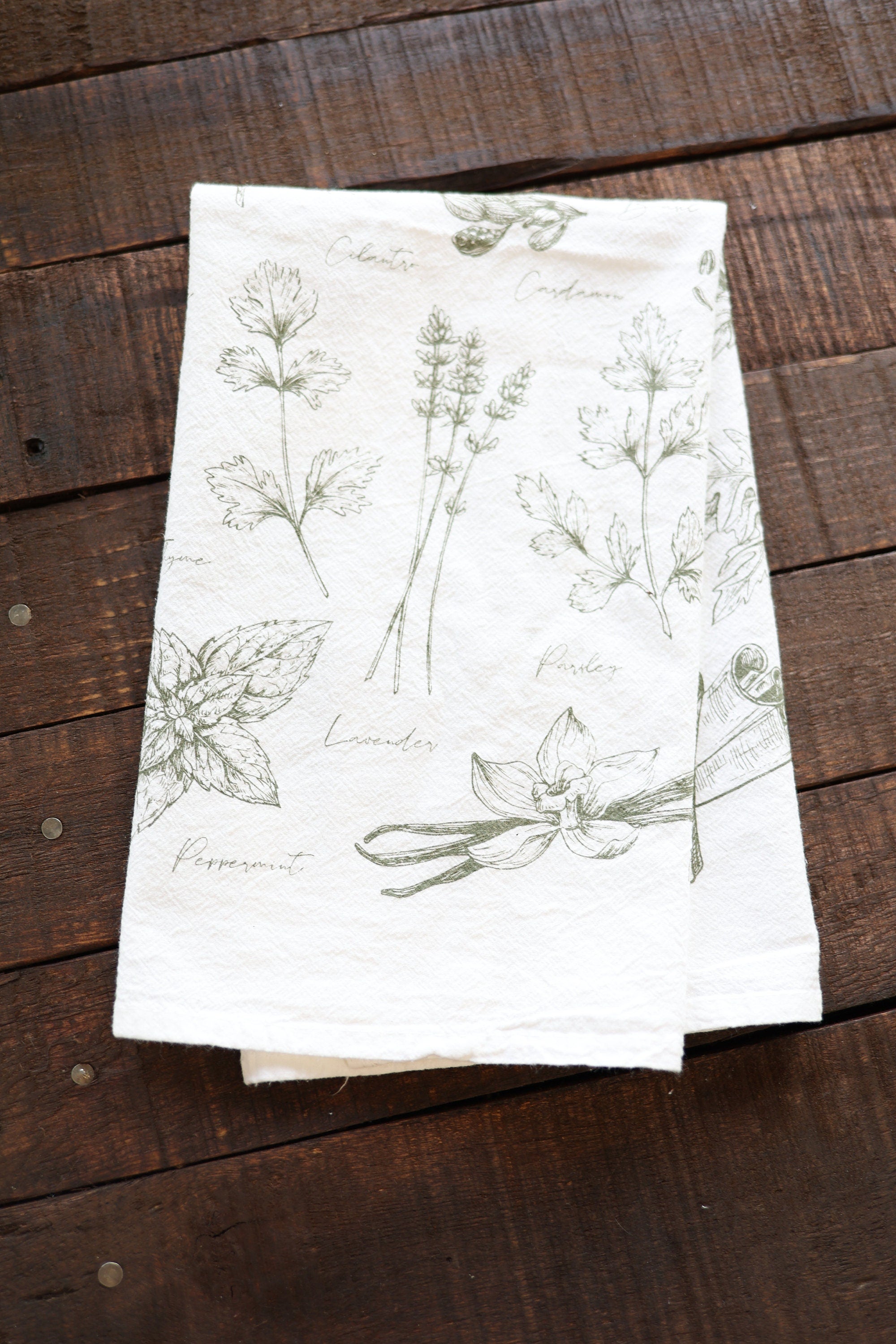 Kitchen Herbs Tea Towel | wild garden herbs cottagecore flour sack tea towel botanical decor greenery plant art cooking herbs spices