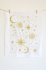Starlight Tea Towel | star tea towel celestial sky gold stars flour sack tea towel star art kitchen star decor holiday stars