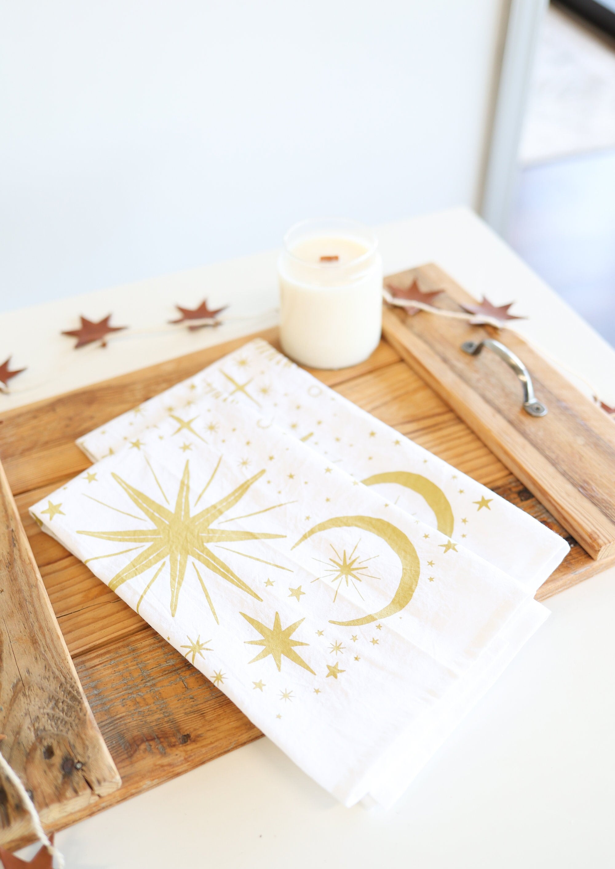 Starlight Tea Towel | star tea towel celestial sky gold stars flour sack tea towel star art kitchen star decor holiday stars