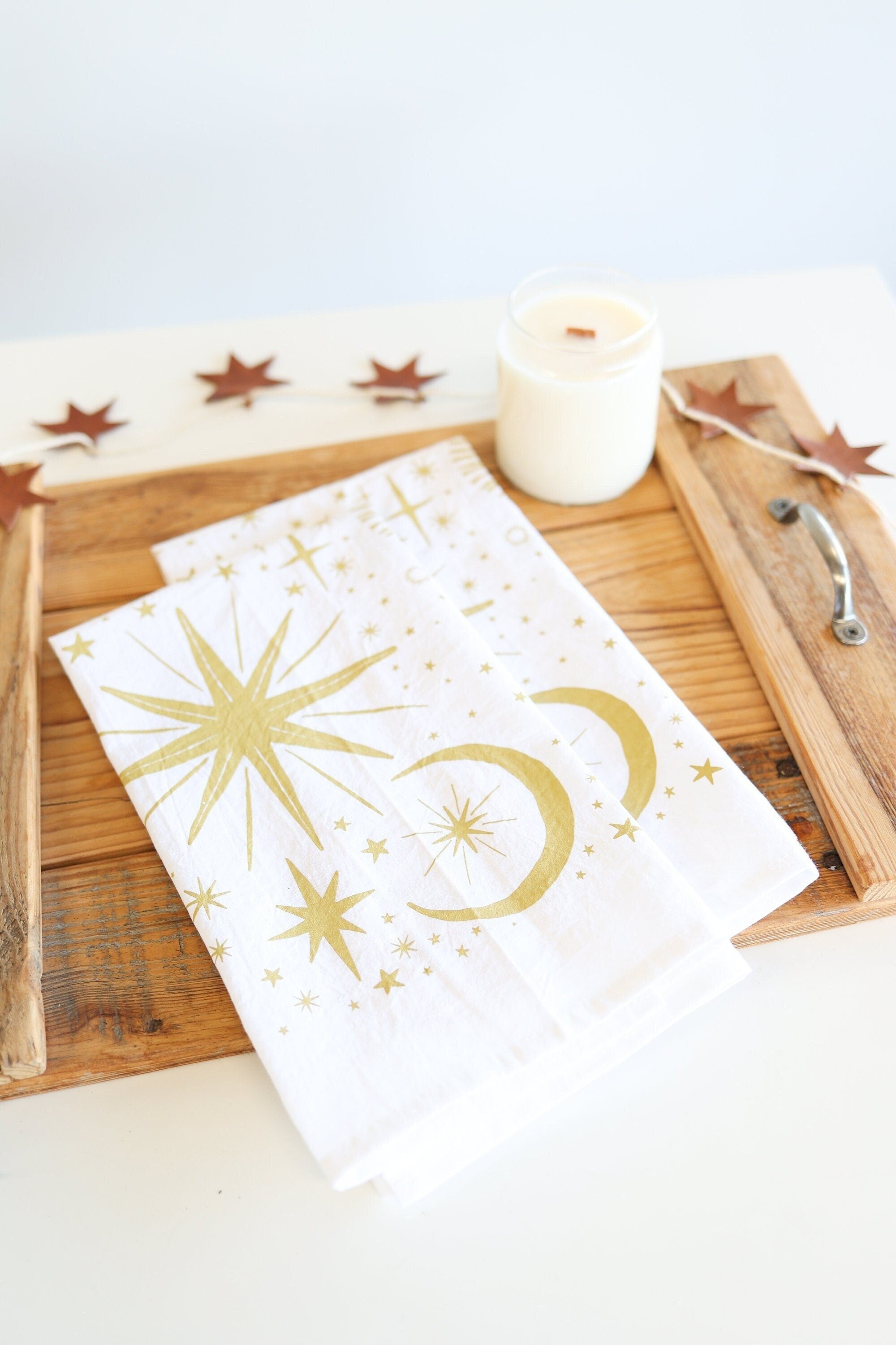 Starlight Tea Towel | star tea towel celestial sky gold stars flour sack tea towel star art kitchen star decor holiday stars