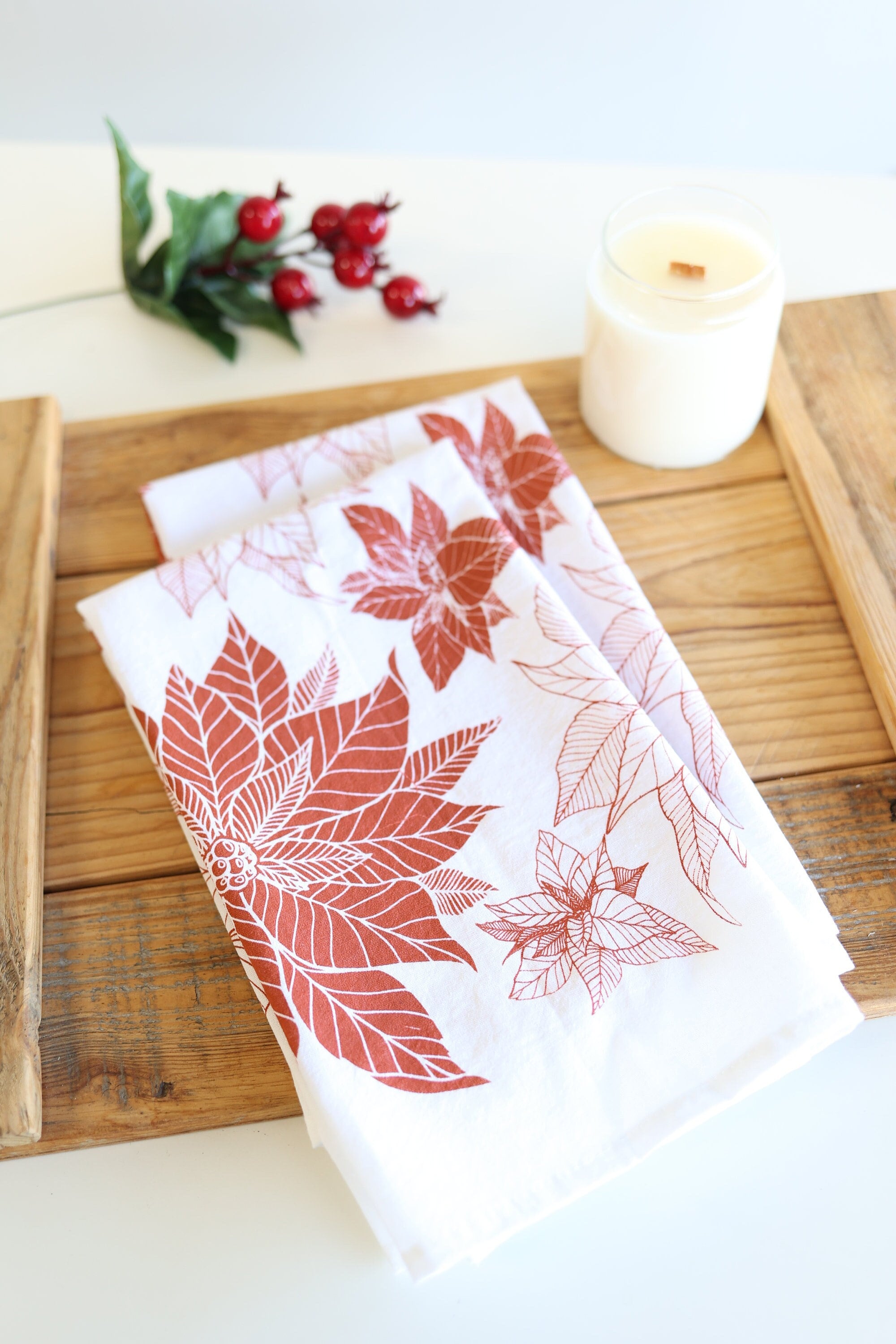 Poinsettia Tea Towel | poinsettia red holiday tea towel flour sack tea towel decor plant art holiday flower Christmas gift decor
