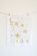 Starlight Tea Towel | star tea towel celestial sky gold stars flour sack tea towel star art kitchen star decor holiday stars