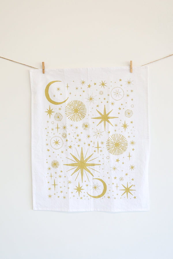Starlight Tea Towel | star tea towel celestial sky gold stars flour sack tea towel star art kitchen star decor holiday stars