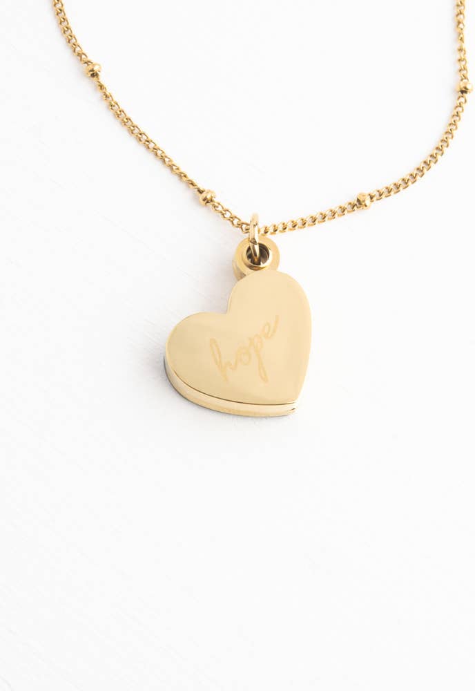 Give Hope Locket- 14K Gold Plated Mother of Pearl Heart Necklace Locket