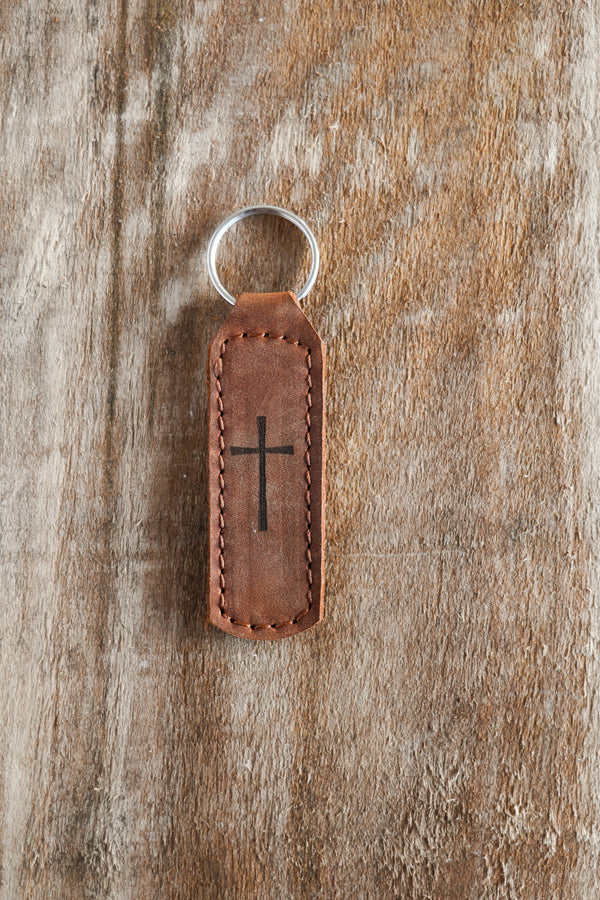 Cross Key Fob Engraved Leather