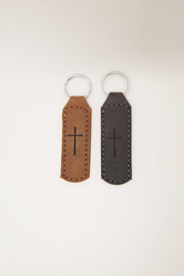 Cross Key Fob Engraved Leather