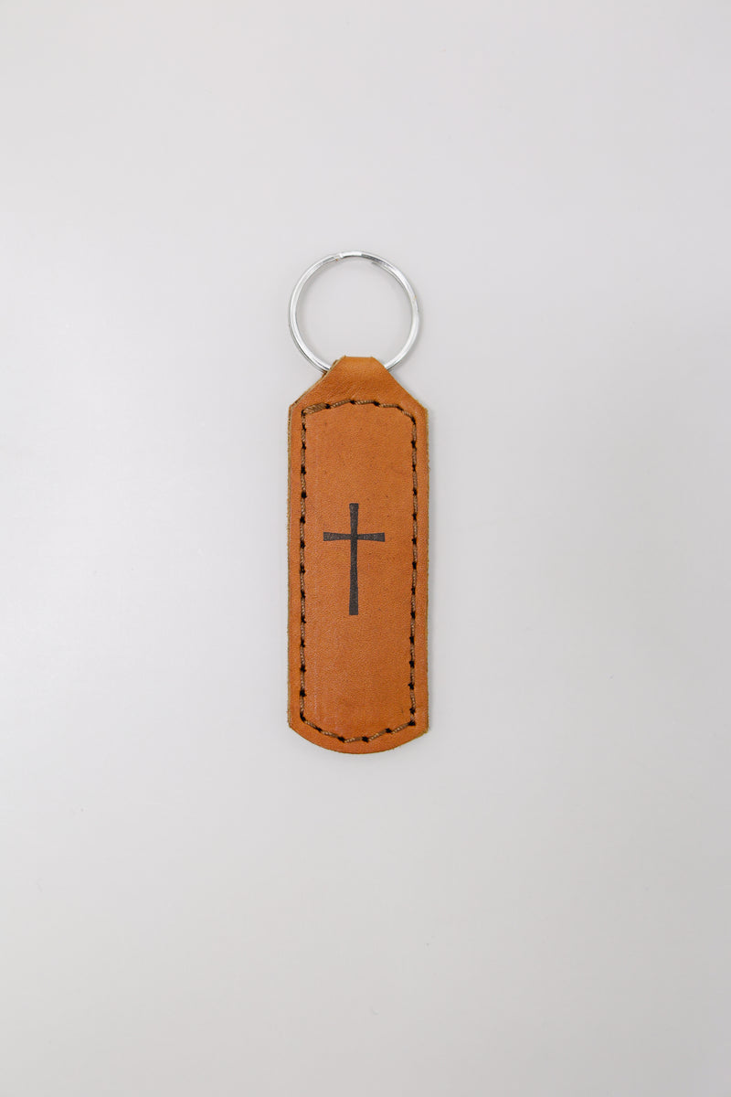 Cross Key Fob Engraved Leather