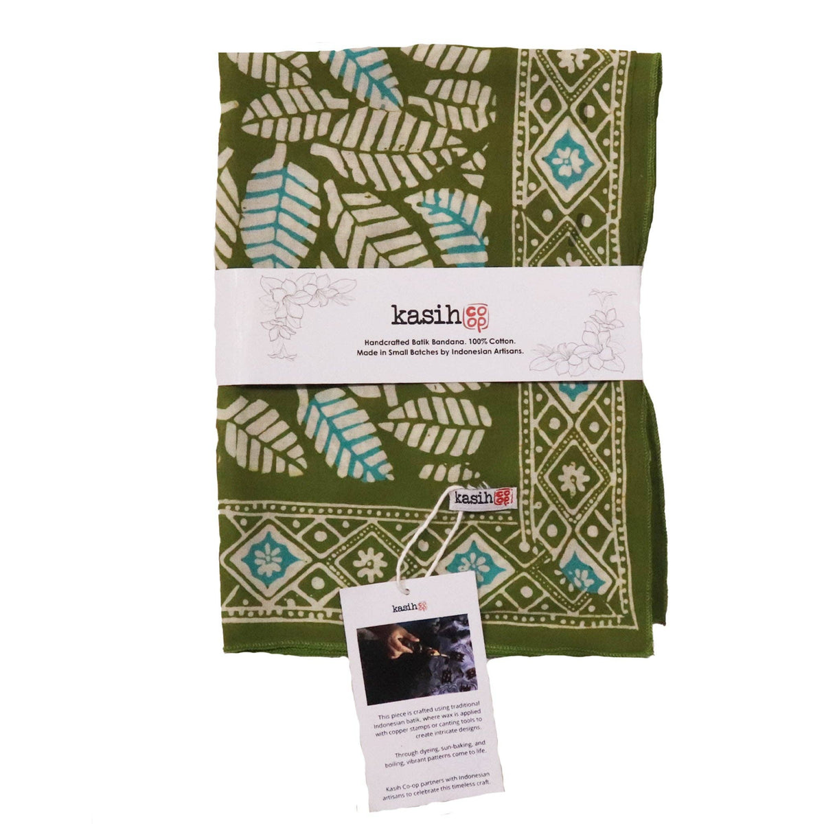 Batik Bandana, Coffee leaf green, lightweight 100% cotton soft, hand dyed hand printed