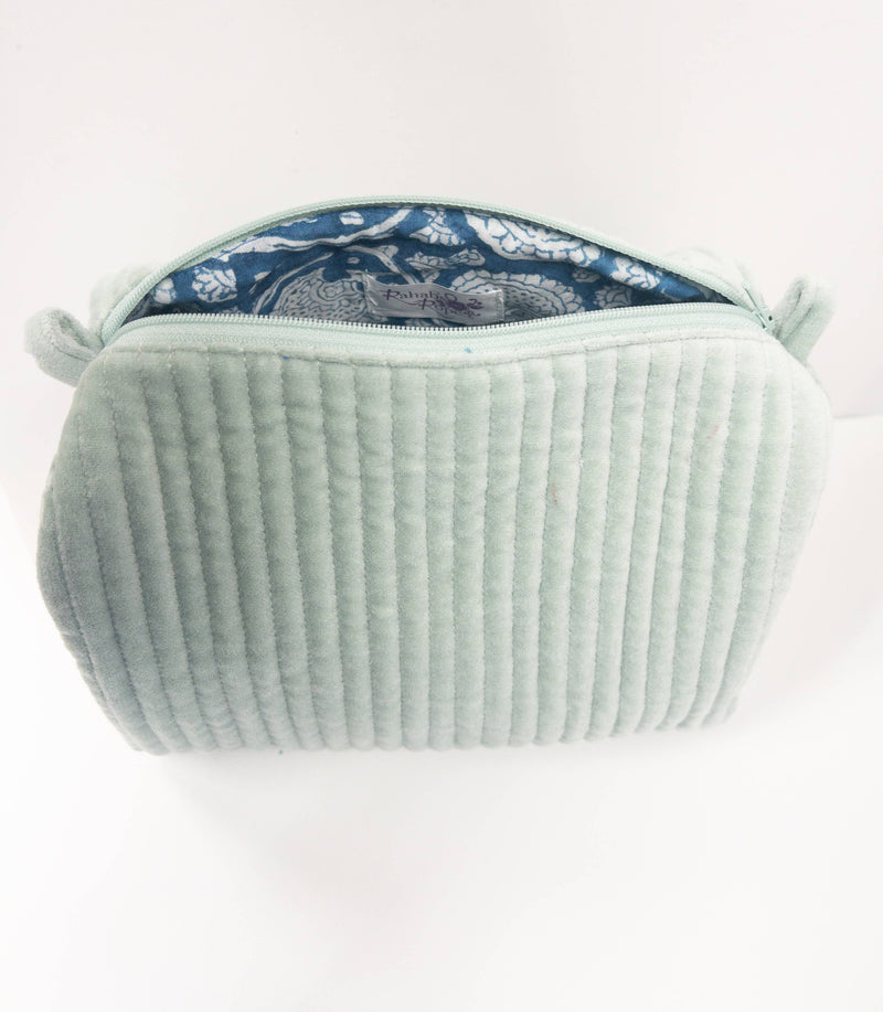 Velvet & Block Print Cosmetic Pouch-Mint