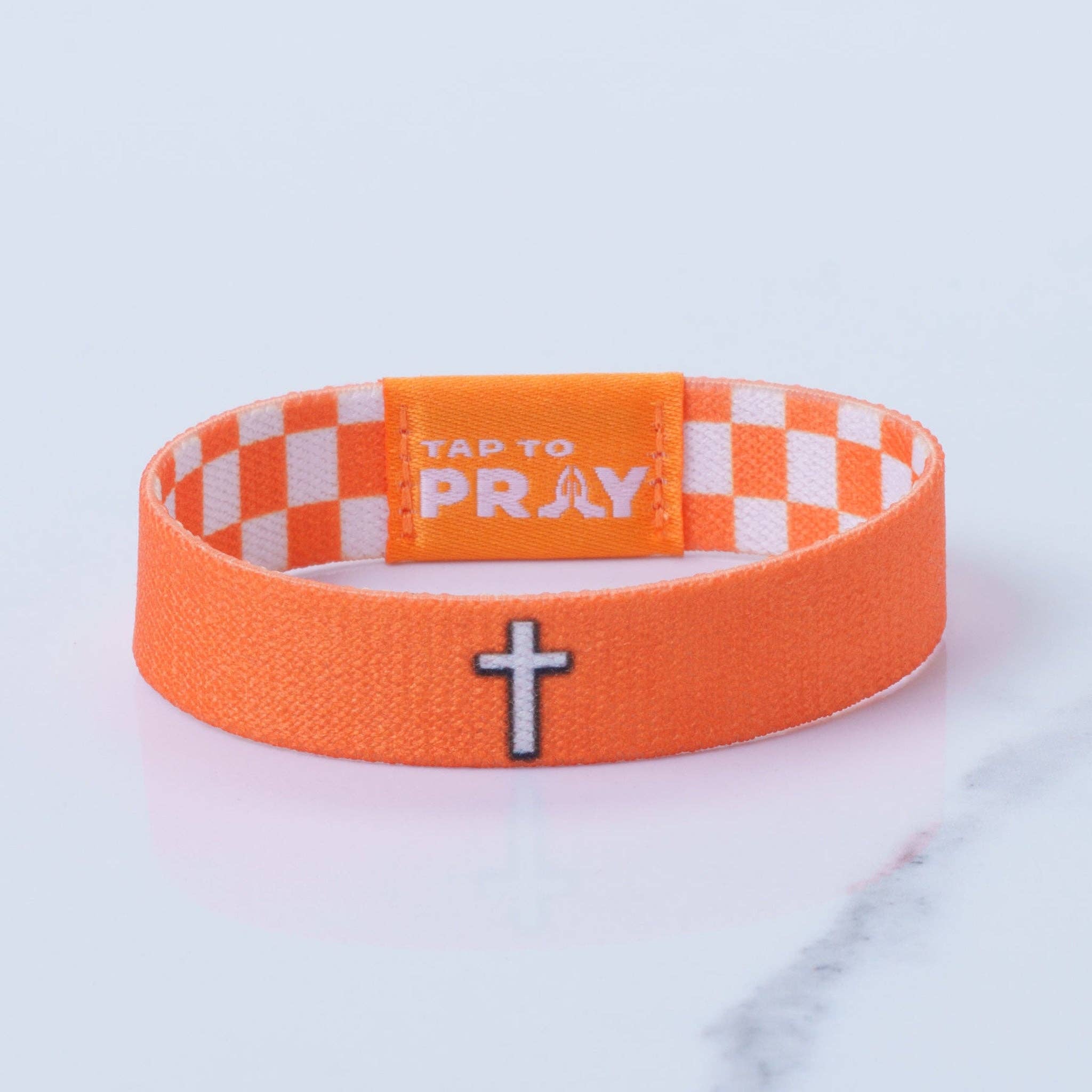 Tap To Pray® Wristband – Orange & White Checkers