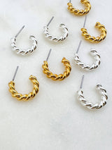 Brass Spiraled Rope Huggie Hoops in Silver