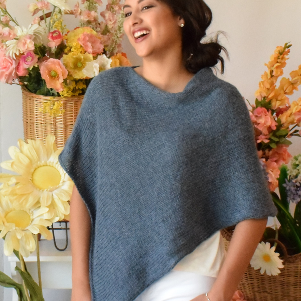 Pacific Blue Alpaca Hand Knit Poncho Wrap