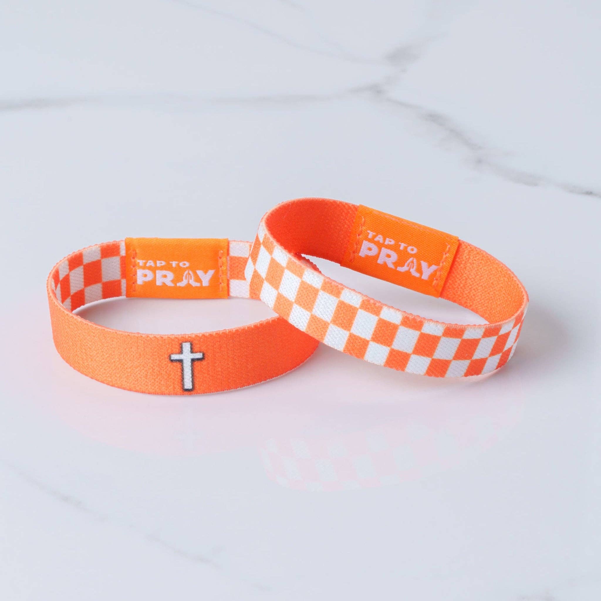 Tap To Pray® Wristband – Orange & White Checkers