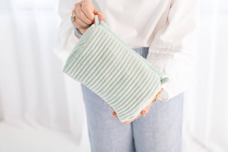 Velvet & Block Print Cosmetic Pouch-Mint