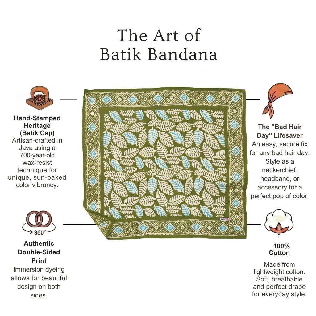 Batik Bandana, Coffee leaf green, lightweight 100% cotton soft, hand dyed hand printed