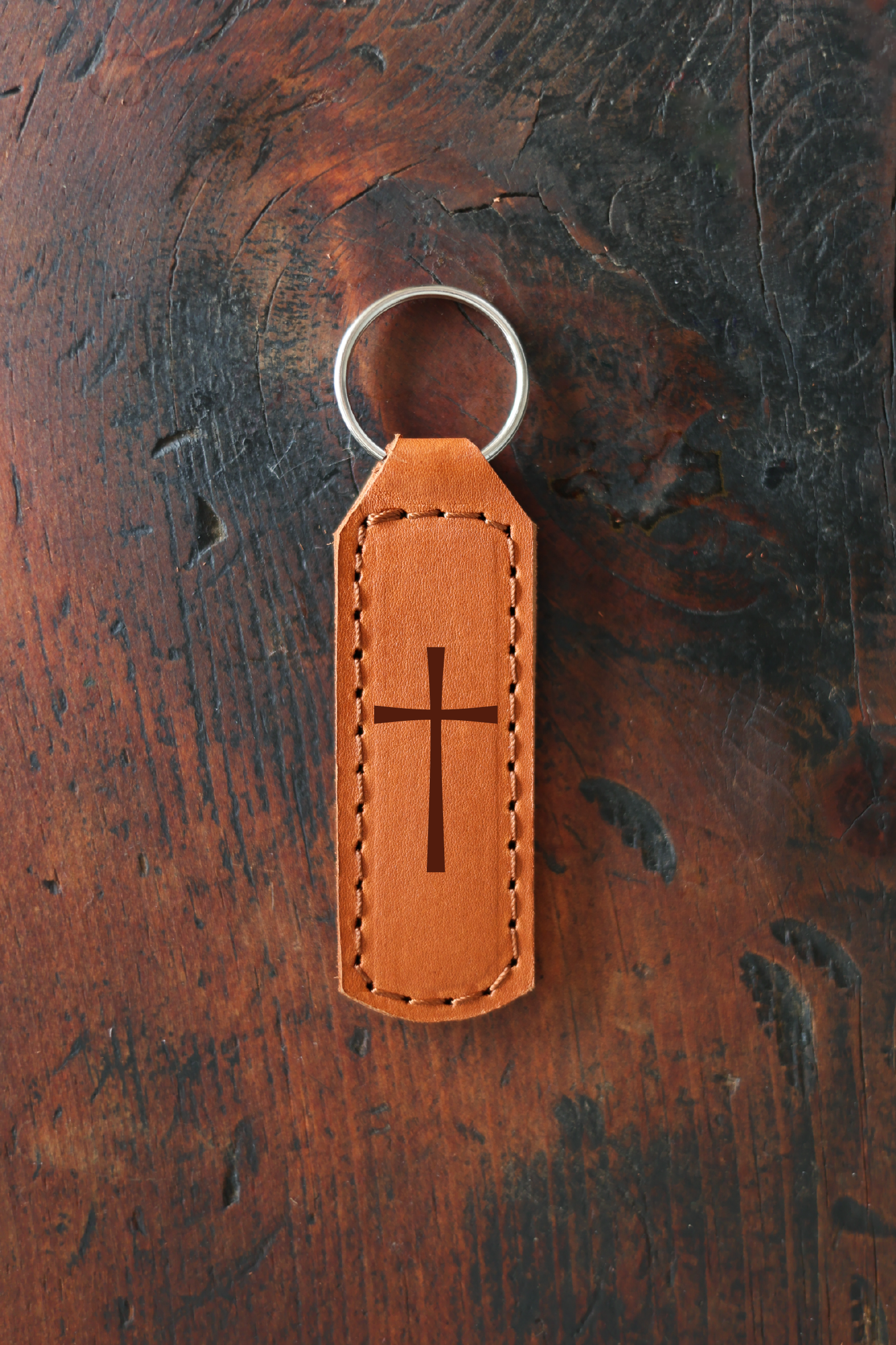 Cross Keychain Engraved Leather