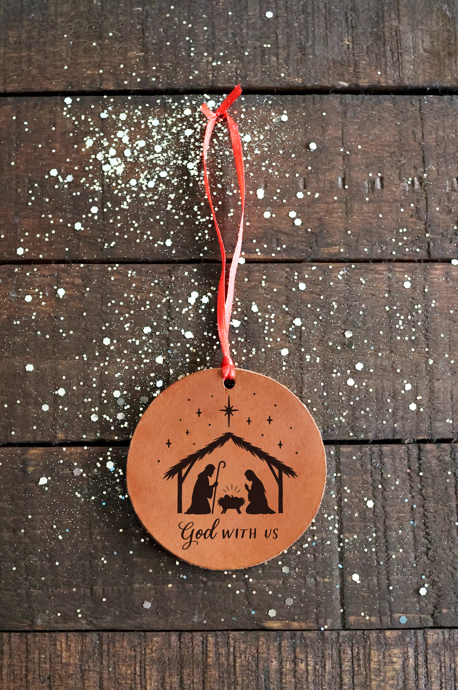Nativity "God With Us" Leather Ornament