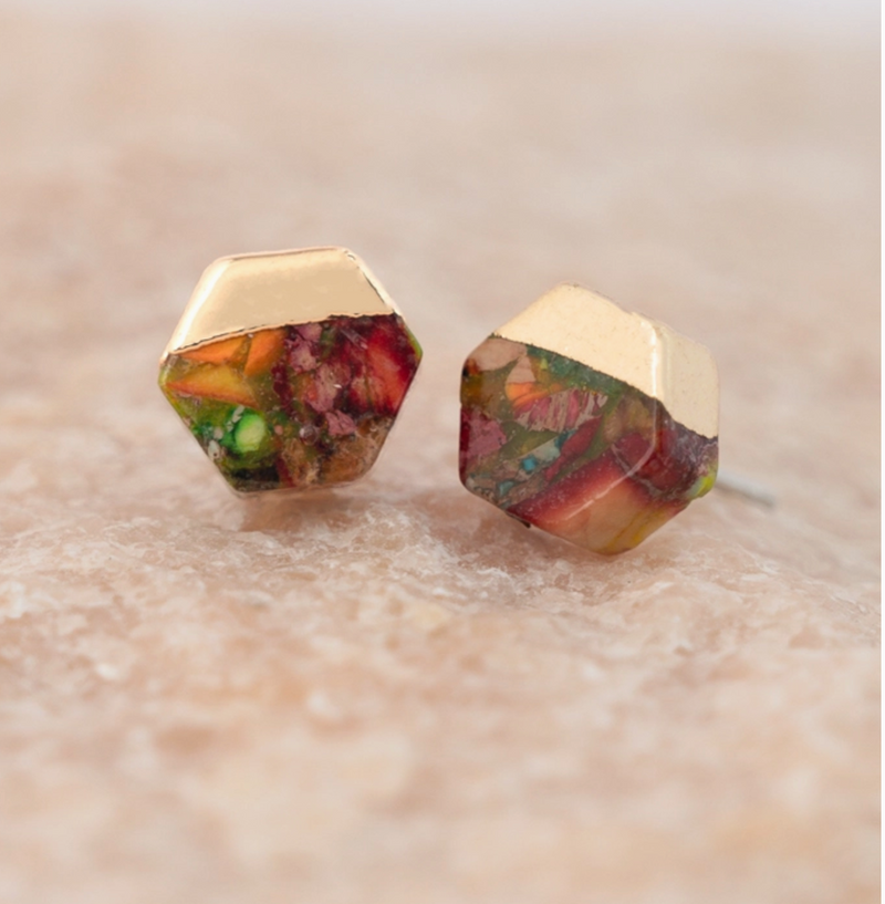 Sedona Stud Earrings in Sunrise Reds- Gold Plated Hexagon Colorful Stud Earrings