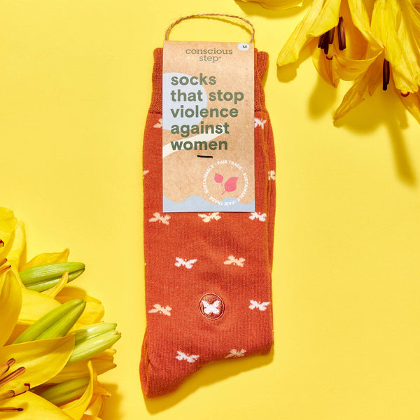 Socks that Stop Violence Against Women - Orange Butterflies
