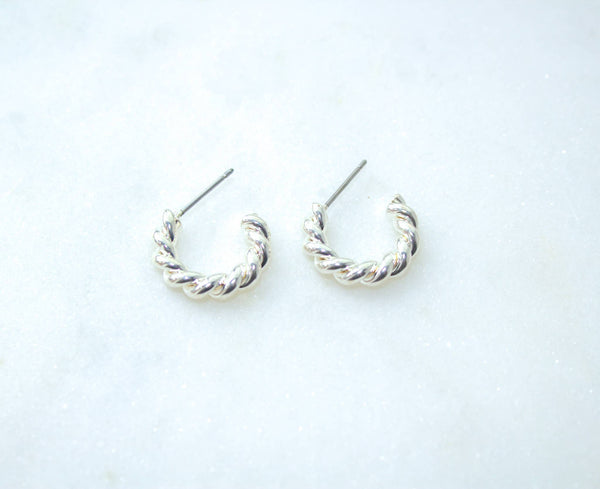 Brass Spiraled Rope Huggie Hoops in Silver