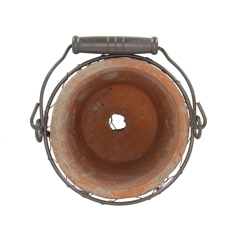 Aged Terracotta Single Flower Pot in Metal Basket w/Handle
