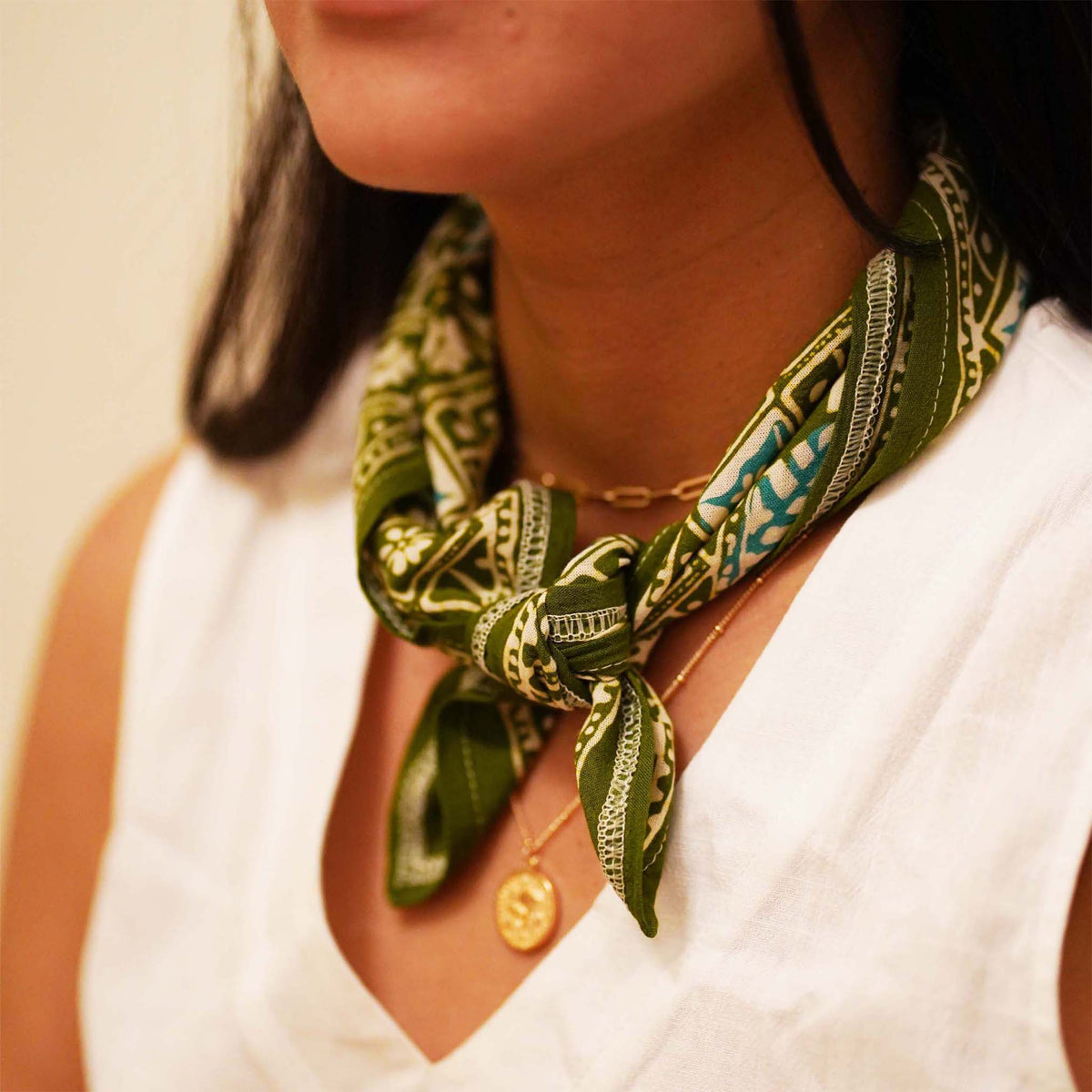Batik Bandana, Coffee leaf green, lightweight 100% cotton soft, hand dyed hand printed