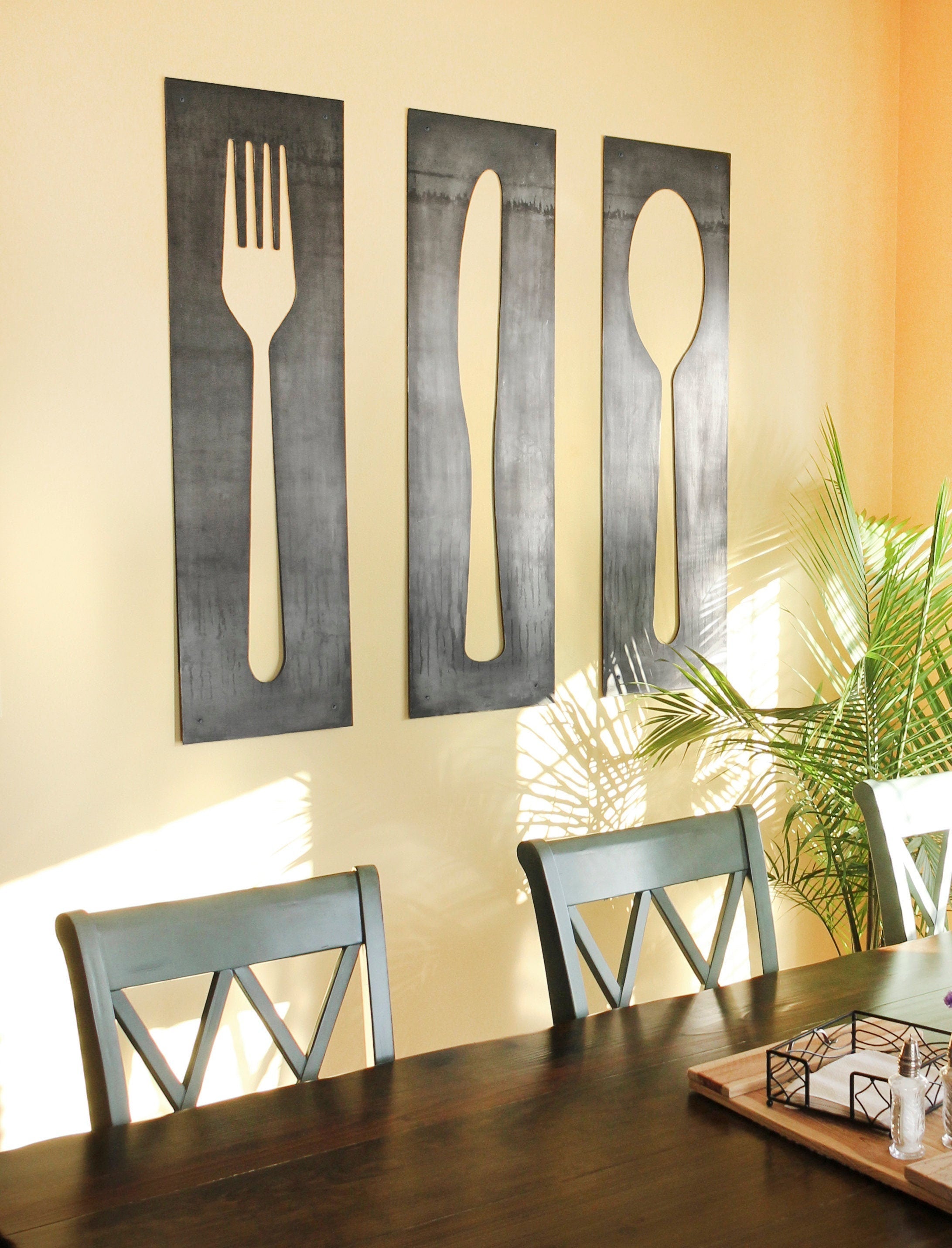 Fork Knife Spoon Wall Art Panel Set |  modern kitchen wall art kitchen decor restaurant decor handmade industrial farmhouse kitchen