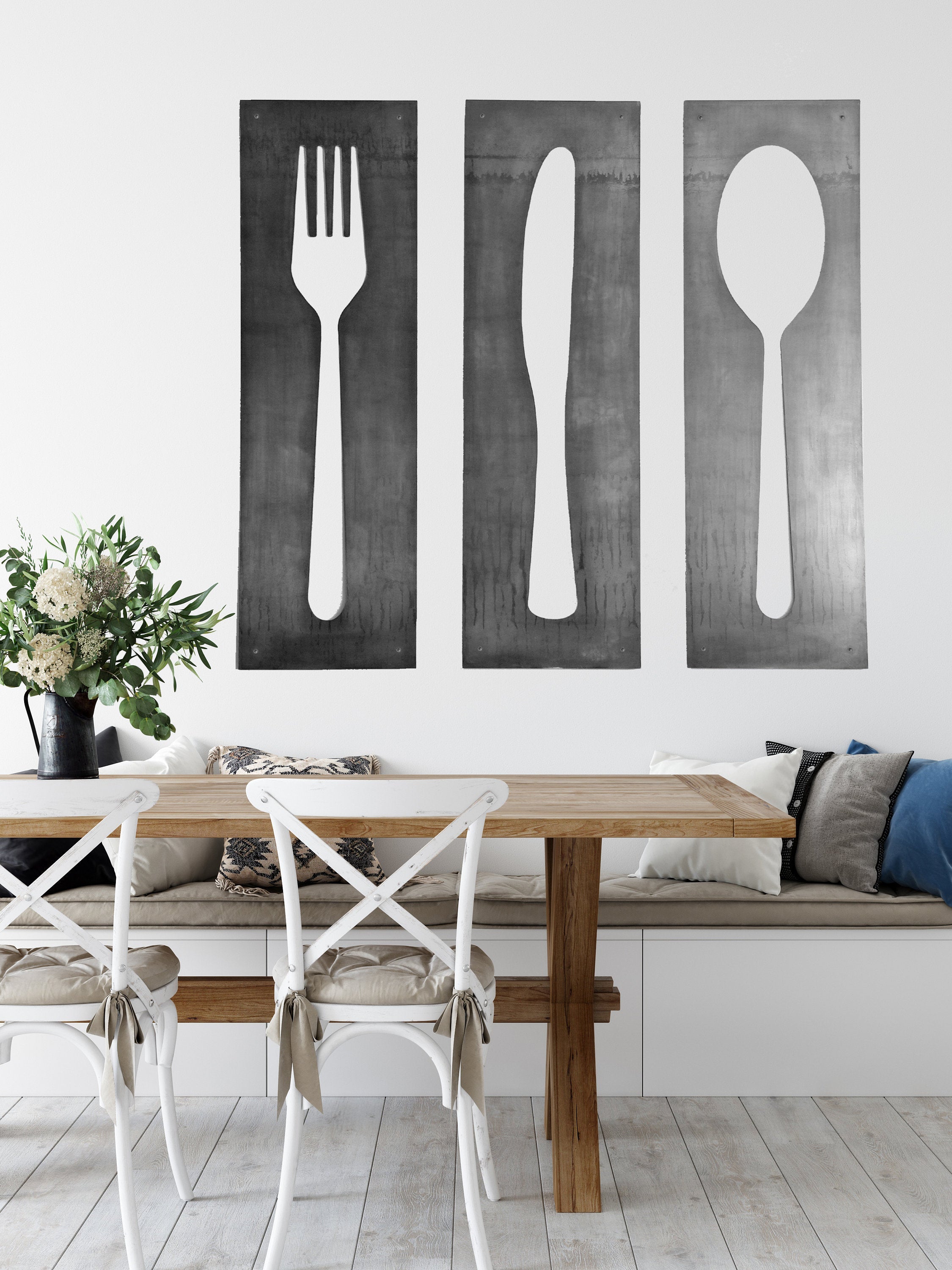 Fork Knife Spoon Wall Art Panel Set |  modern kitchen wall art kitchen decor restaurant decor handmade industrial farmhouse kitchen