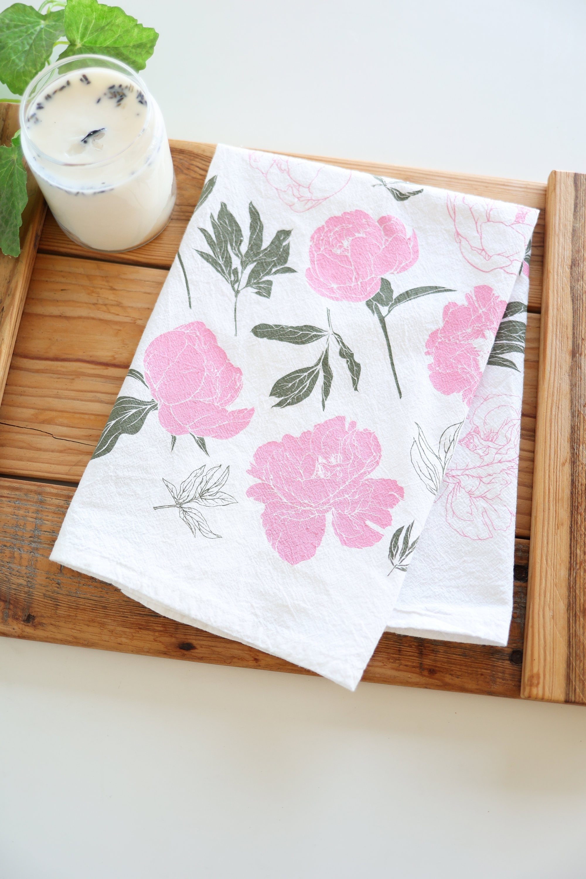 Peony Tea Towel  |  cottagecore blush peony farmhouse mothers day flour sack tea towel floral peonies dish towel kitchen garden lover gift