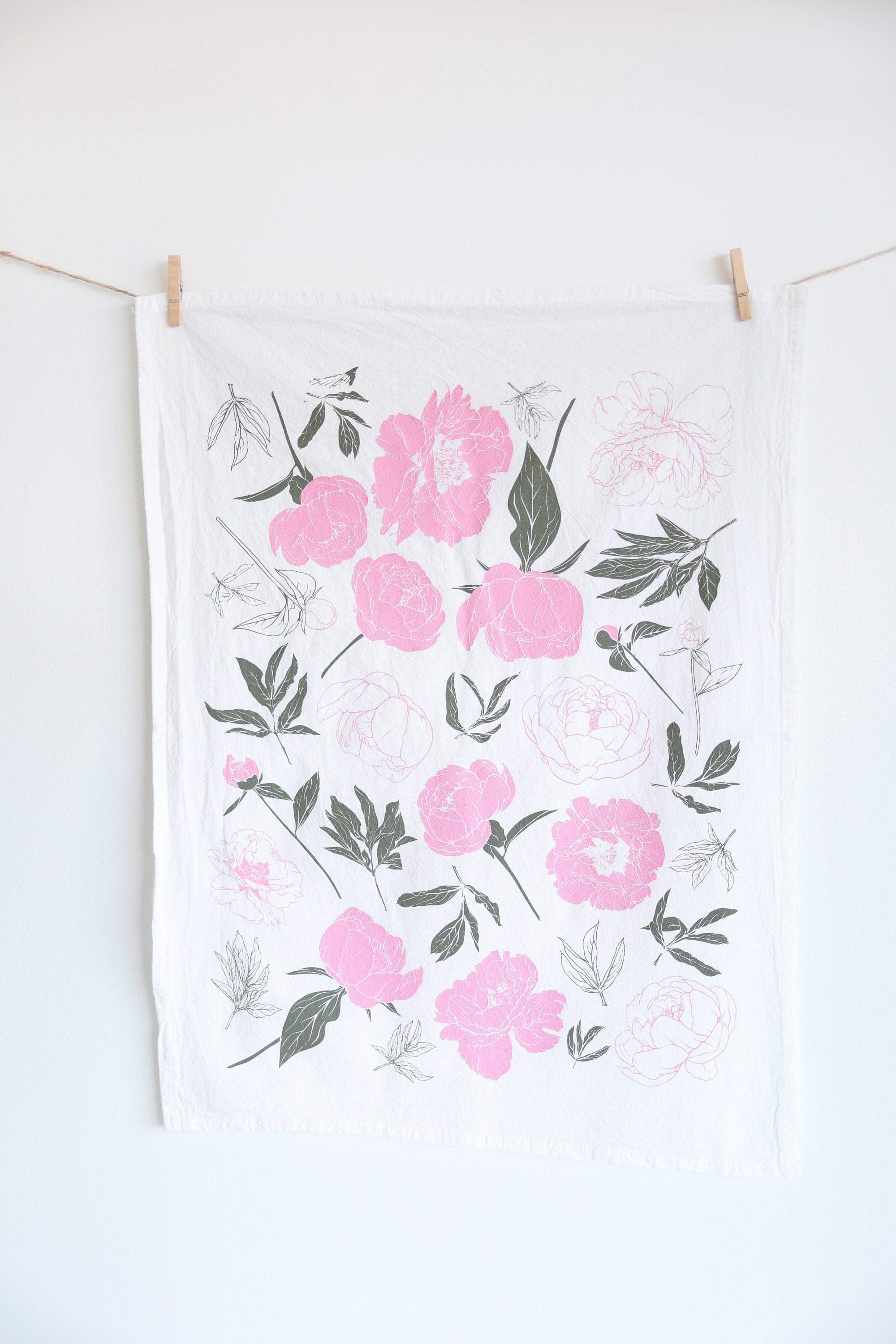 Peony Tea Towel  |  cottagecore blush peony farmhouse mothers day flour sack tea towel floral peonies dish towel kitchen garden lover gift