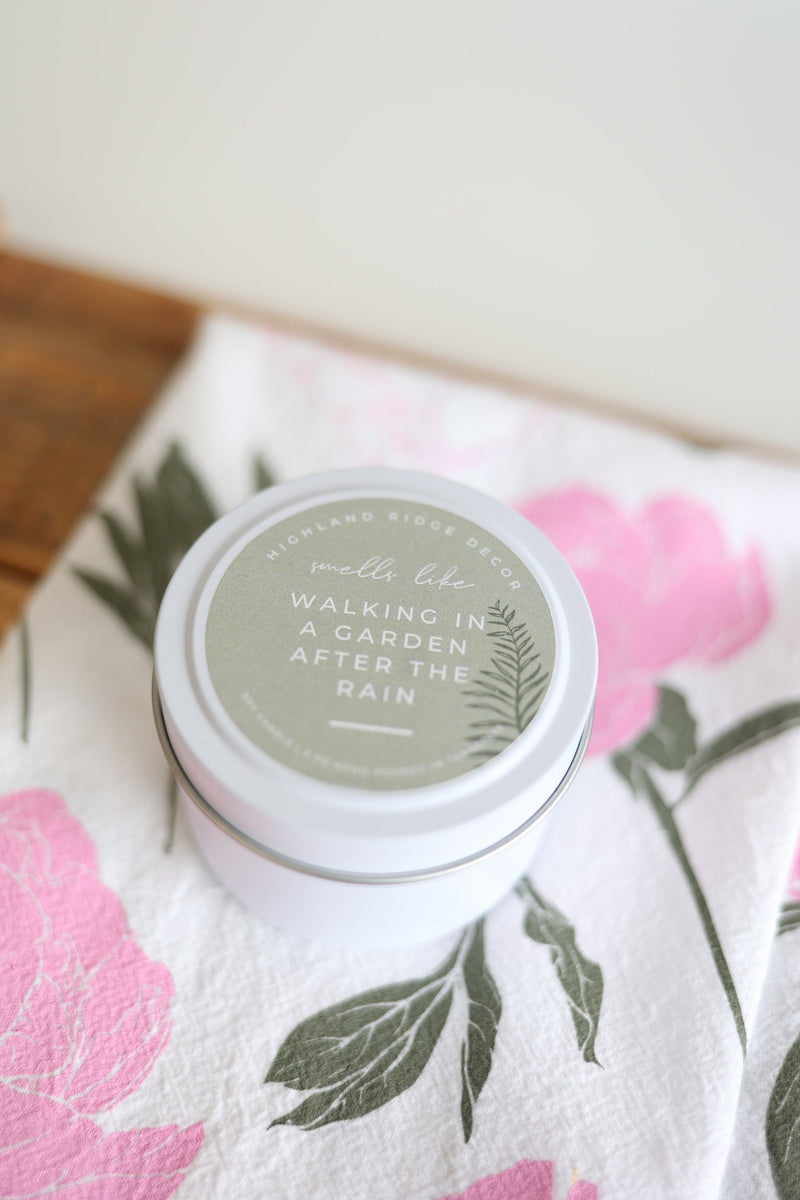 Hand-Poured Soy Candle - "Walking In A Garden After The Rain" Tin | cozy scented candle natural candle handmade wood wick earthy