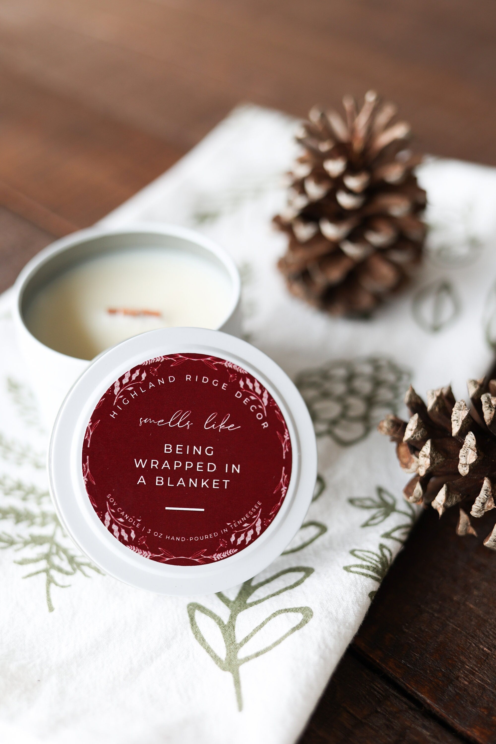 Hand-Poured Soy Candle - Cranberry & Fig "Being Wrapped In A Blanket" Tin | cozy scented candle natural handmade wood wick holiday candle