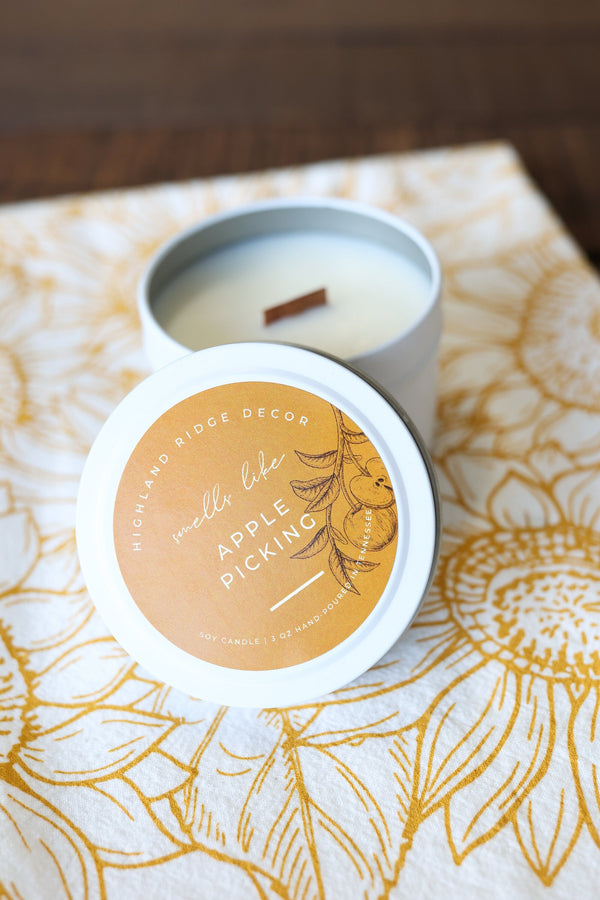 Hand-Poured Soy Candle - "Apple Picking" Tin | cozy scented candle natural handmade wood wick warm buttery spiced apple cider fall candle