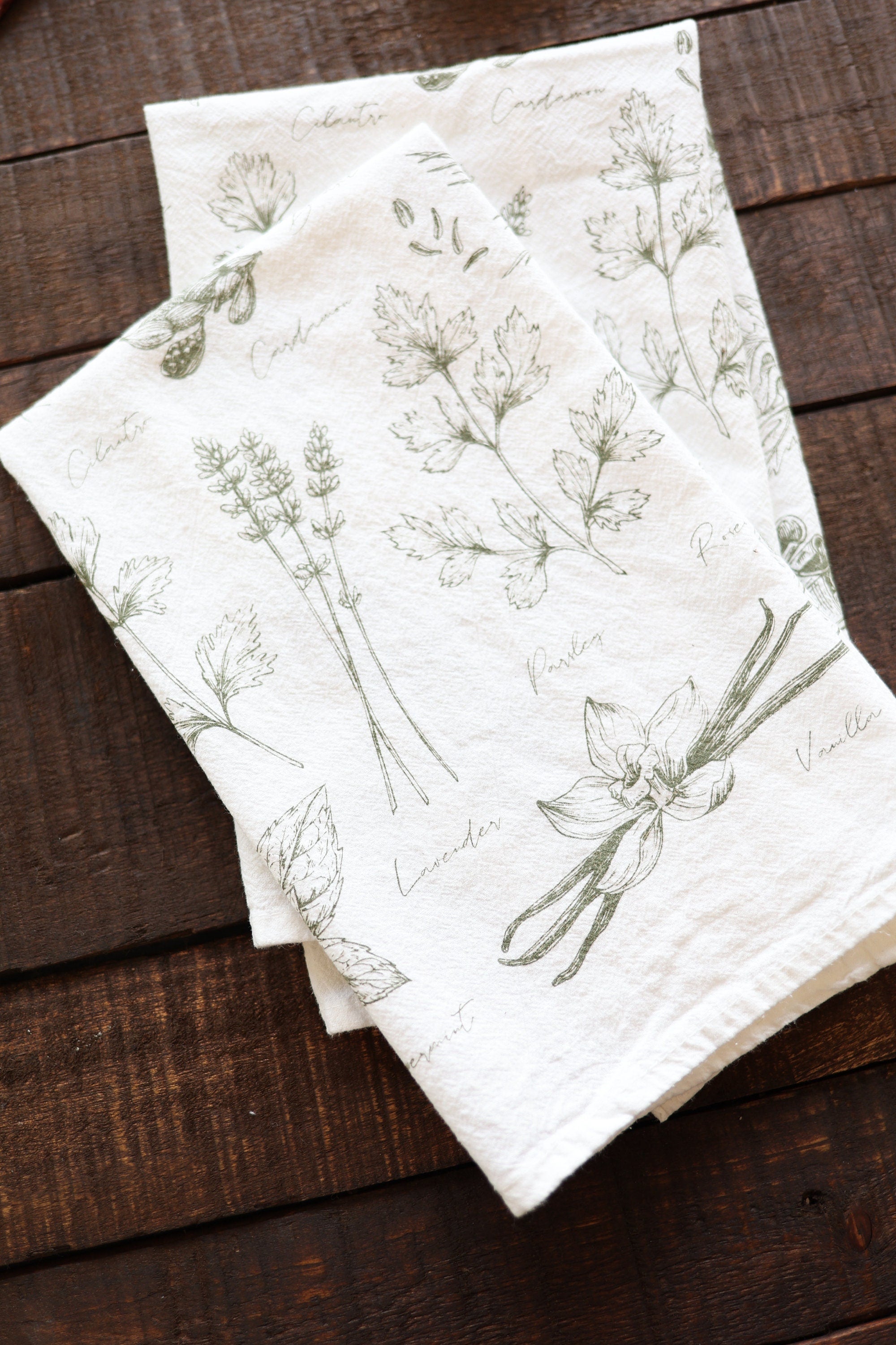 Kitchen Herbs Tea Towel | wild garden herbs cottagecore flour sack tea towel botanical decor greenery plant art cooking herbs spices