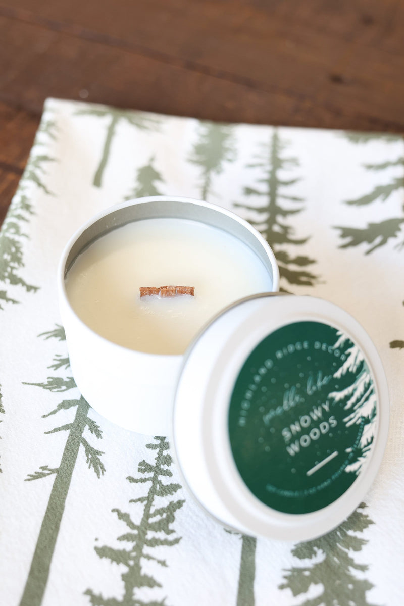 Hand-Poured Soy Candle - Juniper & Balsam "Snowy Woods" Tin | cozy scented candle gift natural handmade wood wick holiday Christmas candle
