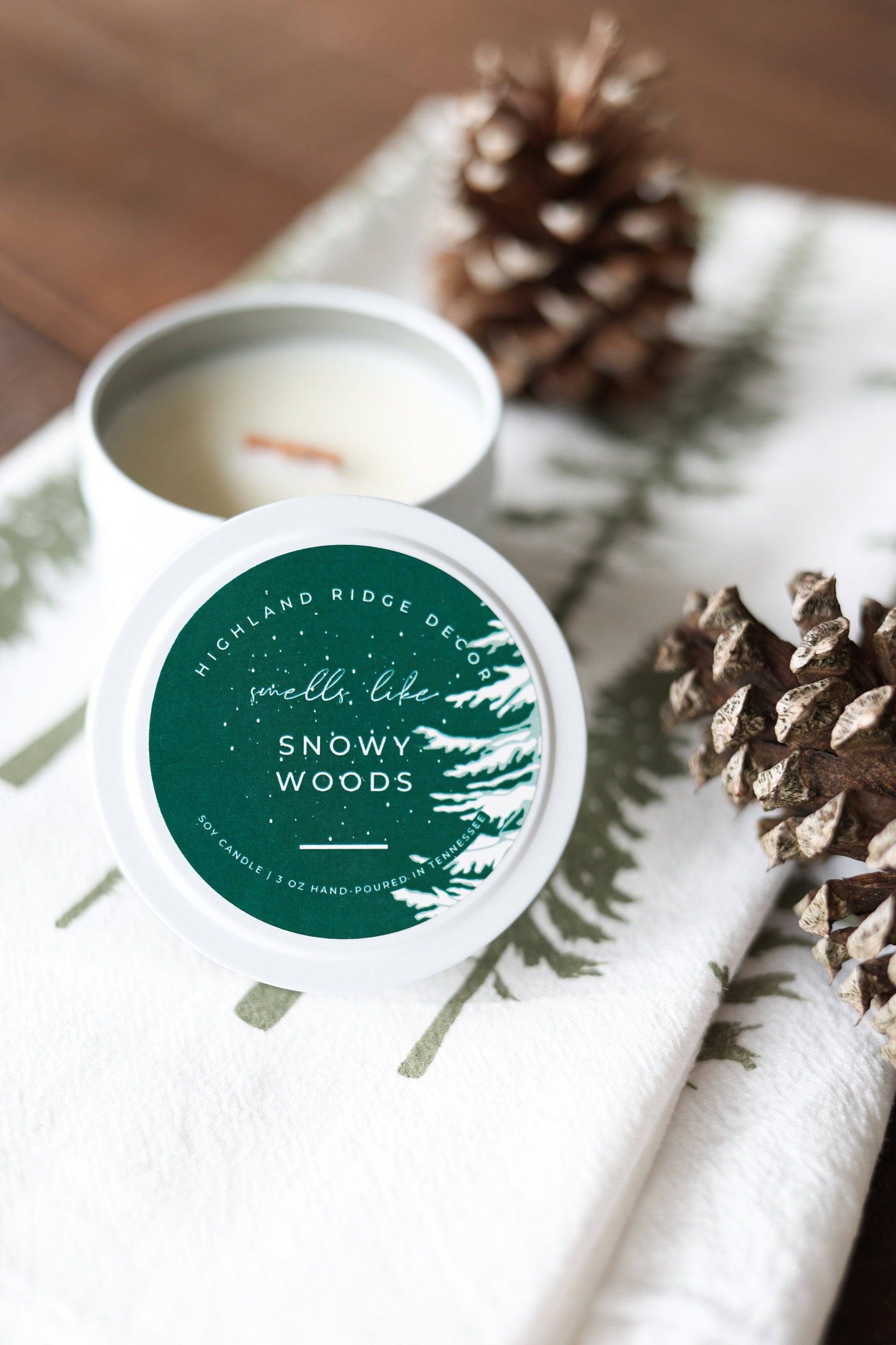 Hand-Poured Soy Candle - Juniper & Balsam "Snowy Woods" Tin | cozy scented candle gift natural handmade wood wick holiday Christmas candle