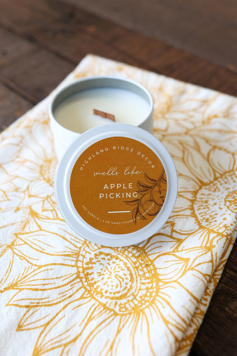 Hand-Poured Soy Candle - "Apple Picking" Tin | cozy scented candle natural handmade wood wick warm buttery spiced apple cider fall candle